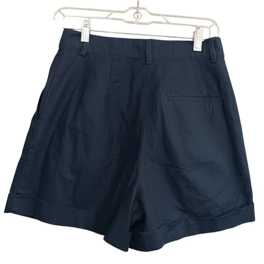 ASOS Women's Navy Blue High Waisted Shorts Pleated Cuffed Hems Size 6 Linen
